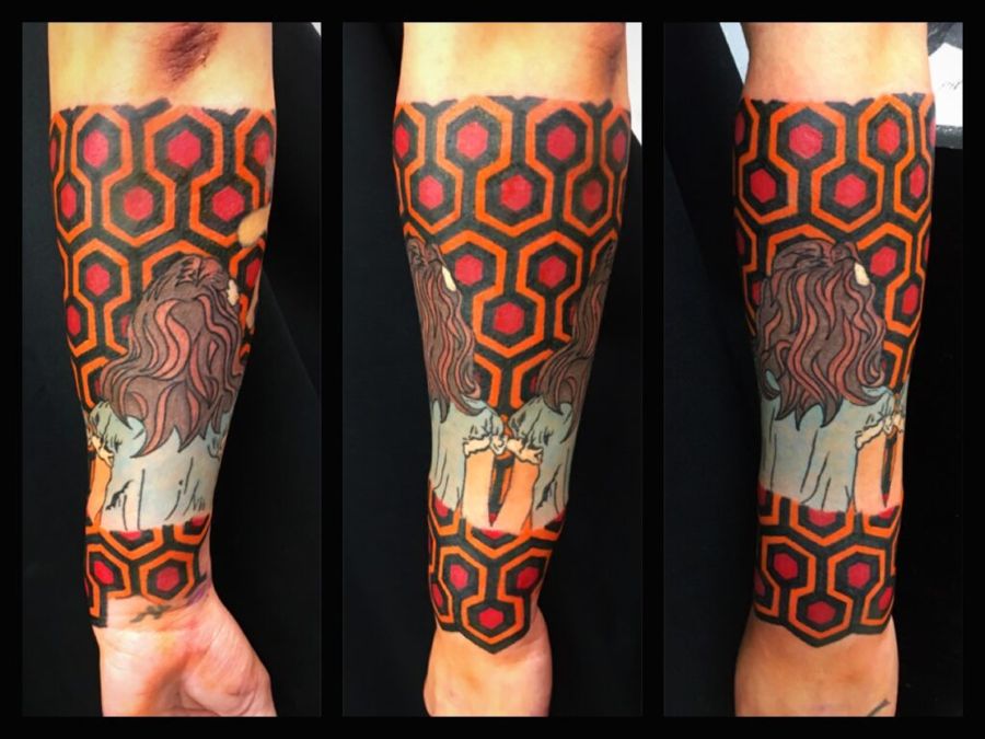 Matching Overlook Hotel carpet pattern leg tattoos, by Sonia