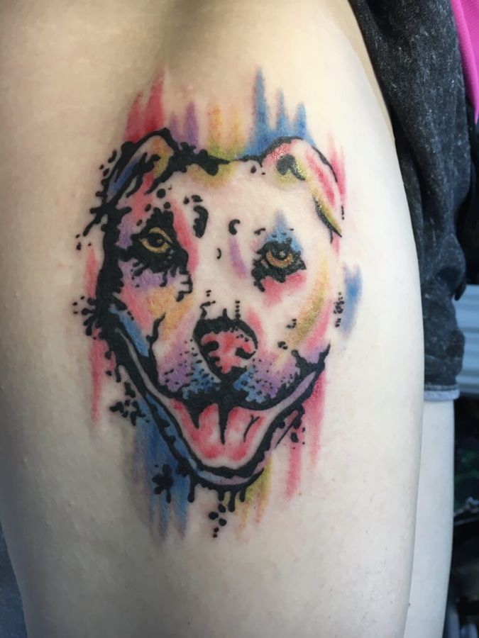 Watercolor dog portrait tattoo, by Steve