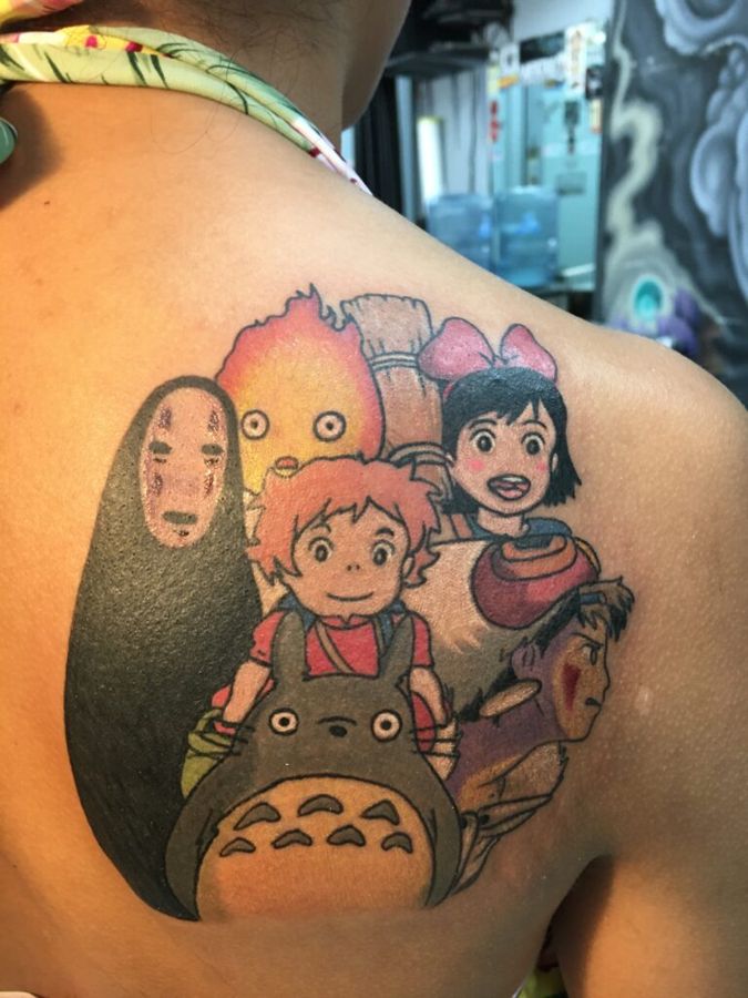 Color anime movie characters on a shoulder, by Steve