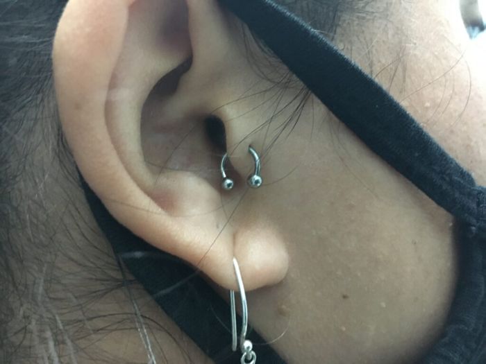 Industrial ear piercing with chain jewelry, done at Adrenaline