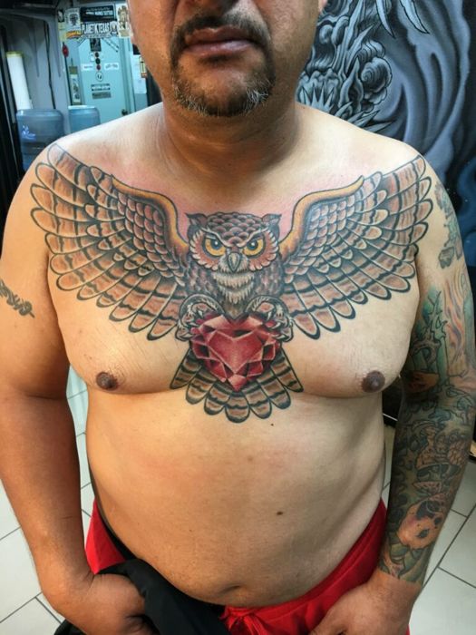 Traditional owl chest piece by Steve